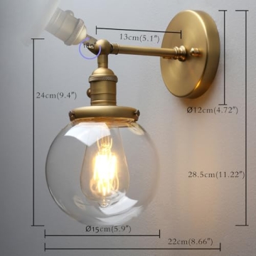 PERMO Vintage Industrial Wall Sconce Lighting Fixture with Mini 5.9" Round Clear Glass Globe Hand Blown Shade (Antique)