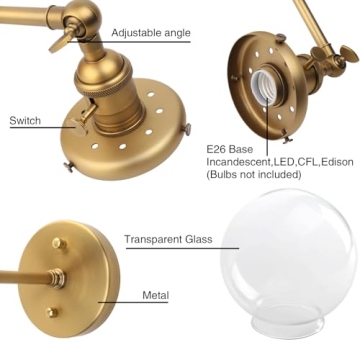 PERMO Vintage Industrial Wall Sconce Lighting Fixture with Mini 5.9" Round Clear Glass Globe Hand Blown Shade (Antique)