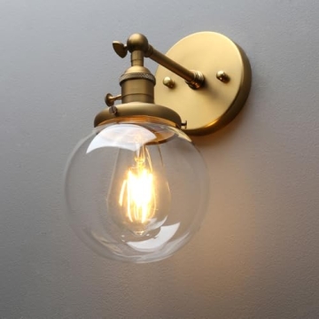 PERMO Vintage Industrial Wall Sconce Lighting Fixture with Mini 5.9" Round Clear Glass Globe Hand Blown Shade (Antique)