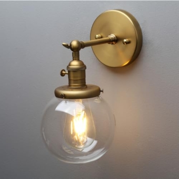 PERMO Vintage Industrial Wall Sconce Lighting Fixture with Mini 5.9" Round Clear Glass Globe Hand Blown Shade (Antique)