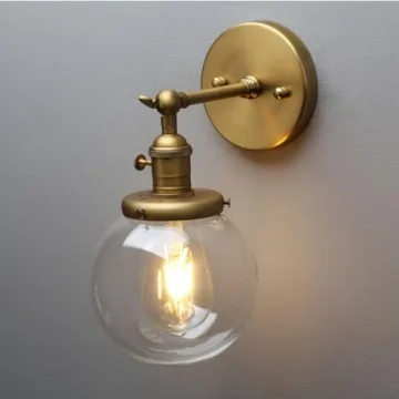 PERMO Vintage Industrial Wall Sconce Lighting Fixture with Mini 5.9" Round Clear Glass Globe Hand Blown Shade (Antique)