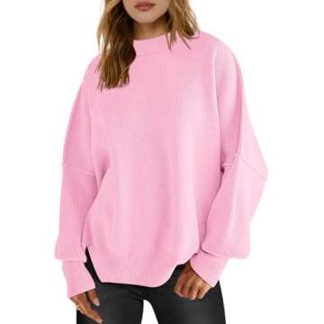 LOGENE Women's Oversized Crewneck Batwing Long Sleeve Side Slit Ribbed Knit Pullover Sweater Tops 2024 Fashion Clothes Light Pink Large