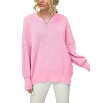 LOGENE Women's Oversized Crewneck Batwing Long Sleeve Side Slit Ribbed Knit Pullover Sweater Tops 2024 Fashion Clothes Light Pink Large