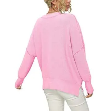 LOGENE Women's Oversized Crewneck Batwing Long Sleeve Side Slit Ribbed Knit Pullover Sweater Tops 2024 Fashion Clothes Light Pink Large