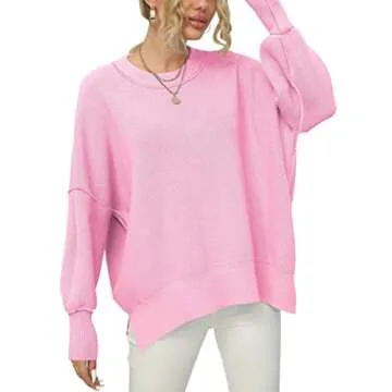 LOGENE Women's Oversized Crewneck Batwing Long Sleeve Side Slit Ribbed Knit Pullover Sweater Tops 2024 Fashion Clothes Light Pink Large