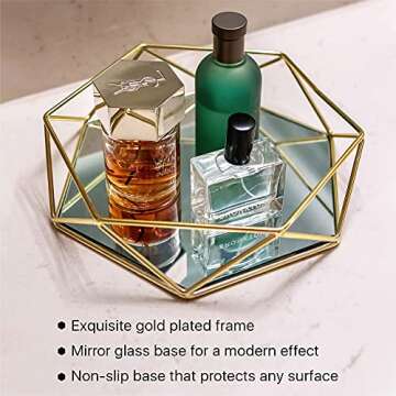 Craft & Kin Gold Mirror Tray Glass Tray Decorative Tray | Perfume Tray for Dresser | Mirror Tray for Perfume | Vanity Trays for Dressers | Hexagonal Tray Decor with Non-Slip Base