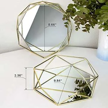 Craft & Kin Gold Mirror Tray Glass Tray Decorative Tray | Perfume Tray for Dresser | Mirror Tray for Perfume | Vanity Trays for Dressers | Hexagonal Tray Decor with Non-Slip Base