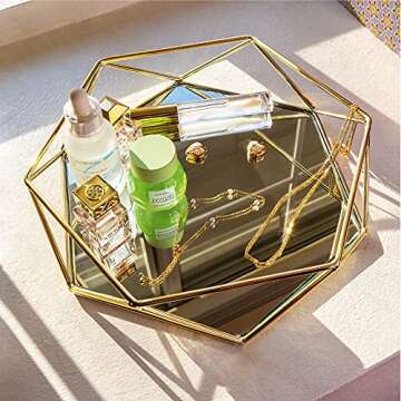 Craft & Kin Gold Mirror Tray Glass Tray Decorative Tray | Perfume Tray for Dresser | Mirror Tray for Perfume | Vanity Trays for Dressers | Hexagonal Tray Decor with Non-Slip Base