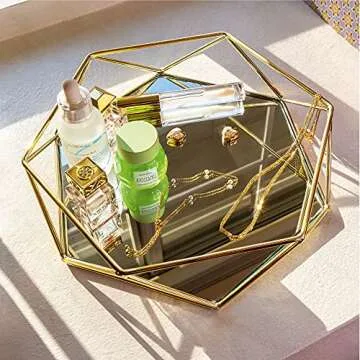 Craft & Kin Gold Mirror Tray Glass Tray Decorative Tray | Perfume Tray for Dresser | Mirror Tray for Perfume | Vanity Trays for Dressers | Hexagonal Tray Decor with Non-Slip Base