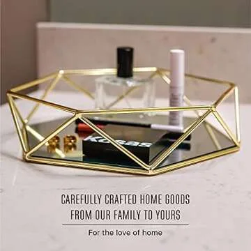 Craft & Kin Gold Mirror Tray Glass Tray Decorative Tray | Perfume Tray for Dresser | Mirror Tray for Perfume | Vanity Trays for Dressers | Hexagonal Tray Decor with Non-Slip Base