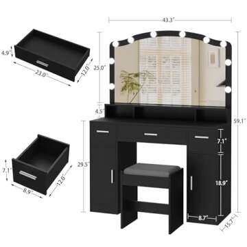 usikey Makeup Vanity with Lights, Vanity Desk, Makeup Vanity Table with 3 Drawers, 2 Cabinets & Long...