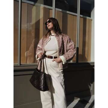 YKR Women's Cropped Puffer Jacket Floral Print Quilted Puffer Jackets Open Front Lightweight Short Jacket Trendy Pink M