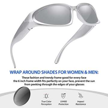 LIKSMU Wrap Around Street Fashion Sunglasses for Women Men Swift Oval Trendy Shades Sun Glasses 100% UV Protection Silver Mirrored Lens and Silver Frame