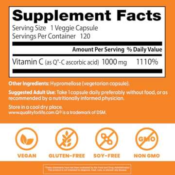 Doctor's Best Vitamin C with Q-C - Vitamin C 1000mg Non-GMO, Vegan, Gluten Free, Soy Free, Sourced from Scotland Veggie Caps, 120 Count
