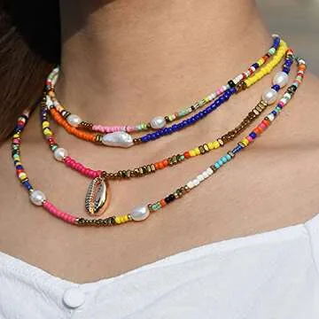 Wellike Colorful 18K Gold Layered Pearl Necklace