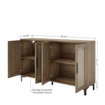 Sideboard Buffet Cabinet with Storage, Rattan Kitchen Storage with Doors and Adjustable Shelves, Cof...