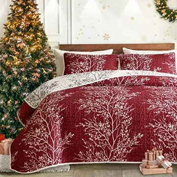 3 Pieces Christmas Quilt Set Burgundy Red Branch Queen Size 88x88 Soft Microfiber Lightweight Coverl...