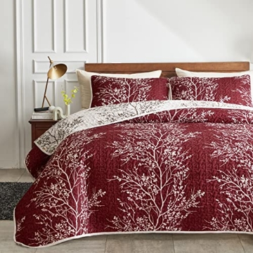 Burgundy Red Floral Quilt Set for All Seasons - 3 Pieces