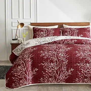 Burgundy Red Floral Quilt Set for All Seasons - 3 Pieces