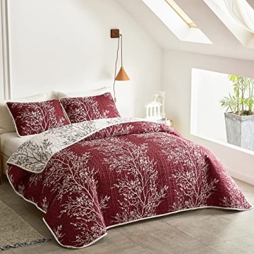 Burgundy Red Floral Quilt Set for All Seasons - 3 Pieces