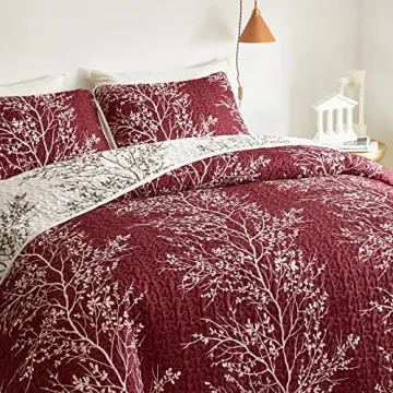 Burgundy Red Floral Quilt Set for All Seasons - 3 Pieces