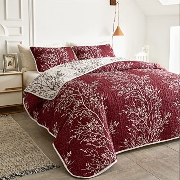 Burgundy Red Floral Quilt Set for All Seasons - 3 Pieces