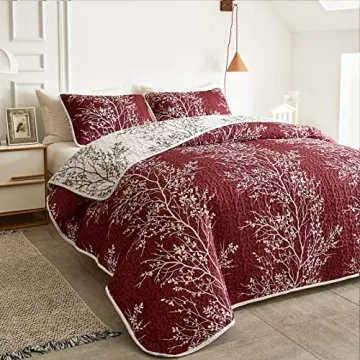 Burgundy Red Floral Quilt Set for All Seasons - 3 Pieces