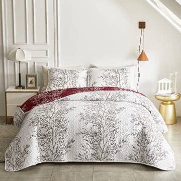 Burgundy Red Floral Quilt Set for All Seasons - 3 Pieces