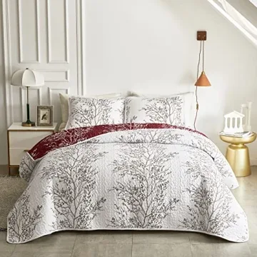 Burgundy Red Floral Quilt Set for All Seasons - 3 Pieces