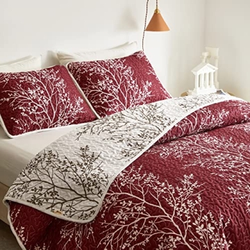 Burgundy Red Floral Quilt Set for All Seasons - 3 Pieces