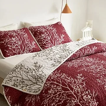 Burgundy Red Floral Quilt Set for All Seasons - 3 Pieces