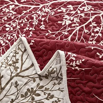 Burgundy Red Floral Quilt Set for All Seasons - 3 Pieces