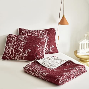 Burgundy Red Floral Quilt Set for All Seasons - 3 Pieces