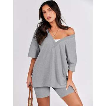 ANRABESS Women's 2 Piece Outfit Sets Casual Oversized Reversible T-Shirt Tops Biker Shorts Lounge Workout Tracksuit Medium