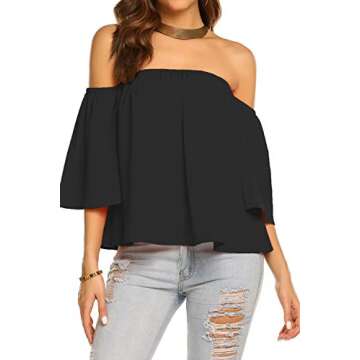 Bluetime Women Summer Off Shoulder Chiffon Blouse Ruffles Short Sleeves Tops Casual T Shirt (L, Blac...