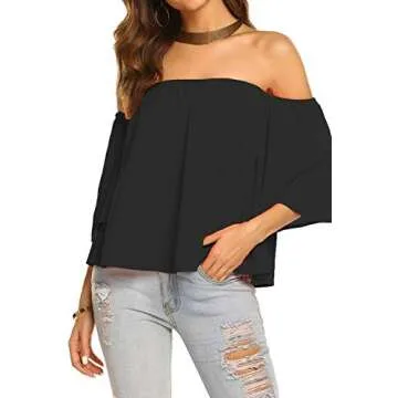 Bluetime Women Summer Off Shoulder Chiffon Blouse Ruffles Short Sleeves Tops Casual T Shirt (L, Black)