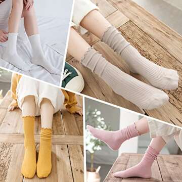 Bienvenu Ruffle Slouch Socks for Women, Cute Cotton Crew Socks, Frilly Novelty Knit Socks 5 Pairs, Multicolored