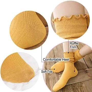 Bienvenu Ruffle Slouch Socks for Women, Cute Cotton Crew Socks, Frilly Novelty Knit Socks 5 Pairs, Multicolored