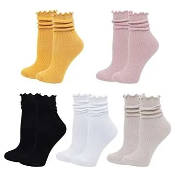 Bienvenu Ruffle Slouch Socks for Women, Cute Cotton Crew Socks, Frilly Novelty Knit Socks 5 Pairs, Multicolored