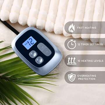 Electric Heated Blanket 72 x84 Inches Full Size with 12 Hours Auto-Off and 10 Heating Levels Heating Blanket with Soft Striple Fabric for Bedding - White