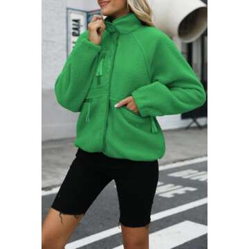 Nirovien Womens Fleece Jacket Fuzzy Jackets for Women Teddy Jacket with Pockets Cropped Jacket Fleece Pullover(Green01,L)