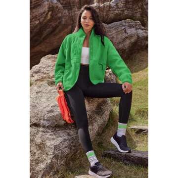Nirovien Womens Fleece Jacket Fuzzy Jackets for Women Teddy Jacket with Pockets Cropped Jacket Fleece Pullover(Green01,L)
