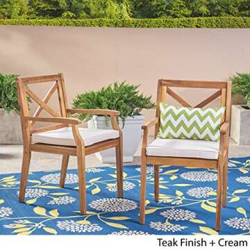 Christopher Knight Home Peter | Outdoor Acacia Wood Dining Chair Set of 2, Teak/Cream Cushion