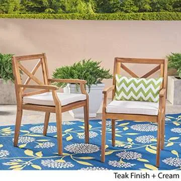 Christopher Knight Home Peter | Outdoor Acacia Wood Dining Chair Set of 2, Teak/Cream Cushion