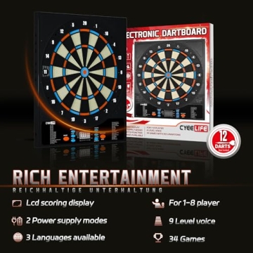 CyeeLife Electronic Dartboard with Soft Darts,8 Players&34 Games&255 Variations,Battery/Adapter/3 Languages Switching for Professional Dart Games