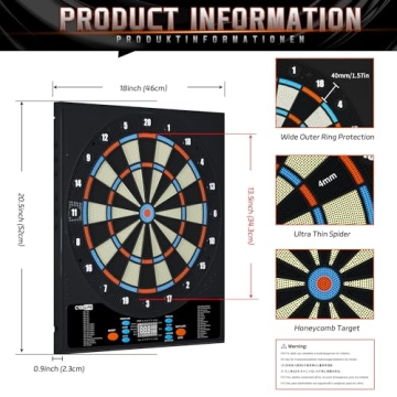 CyeeLife Electronic Dartboard with Soft Darts,8 Players&34 Games&255 Variations,Battery/Adapter/3 Languages Switching for Professional Dart Games