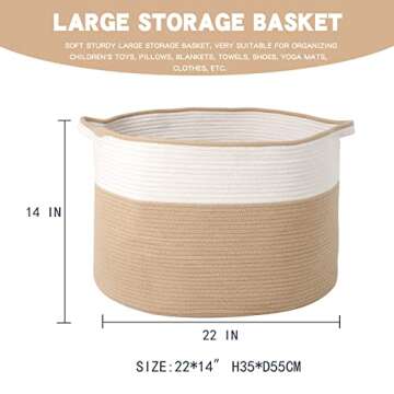 Proate XXXL Large Jute Cotton Rope Basket Blanket Basket Living Room 22"x14" Woven Baskets Laundry Basket Hamper with Handles for Blanket and Pillow Storage Toy Organizers and Storage Toy Bins