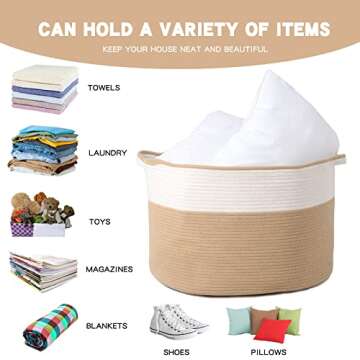 Proate XXXL Large Jute Cotton Rope Basket Blanket Basket Living Room 22"x14" Woven Baskets Laundry Basket Hamper with Handles for Blanket and Pillow Storage Toy Organizers and Storage Toy Bins