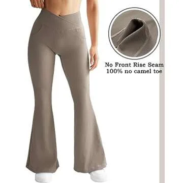 OMKAGI V Waist Flare Leggings for Women Tummy Control Wide Leg Yoga Pants with Pockets(S,17-Milky Brown)