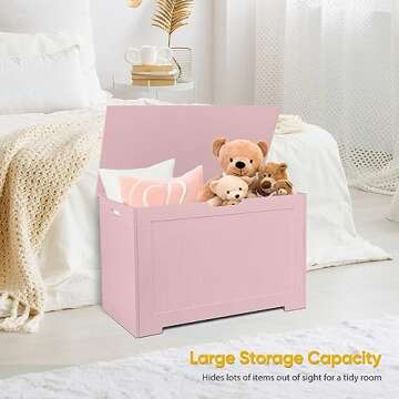 Epetlover Wooden Storage Chest Box with Flip-top Lid & Safety Hinge, Living Room Organizer, Bedroom Bench with 100L Storing Area, Pink